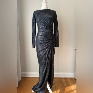 Xscape Black Sparkle Long-Sleeve Ruched Gown